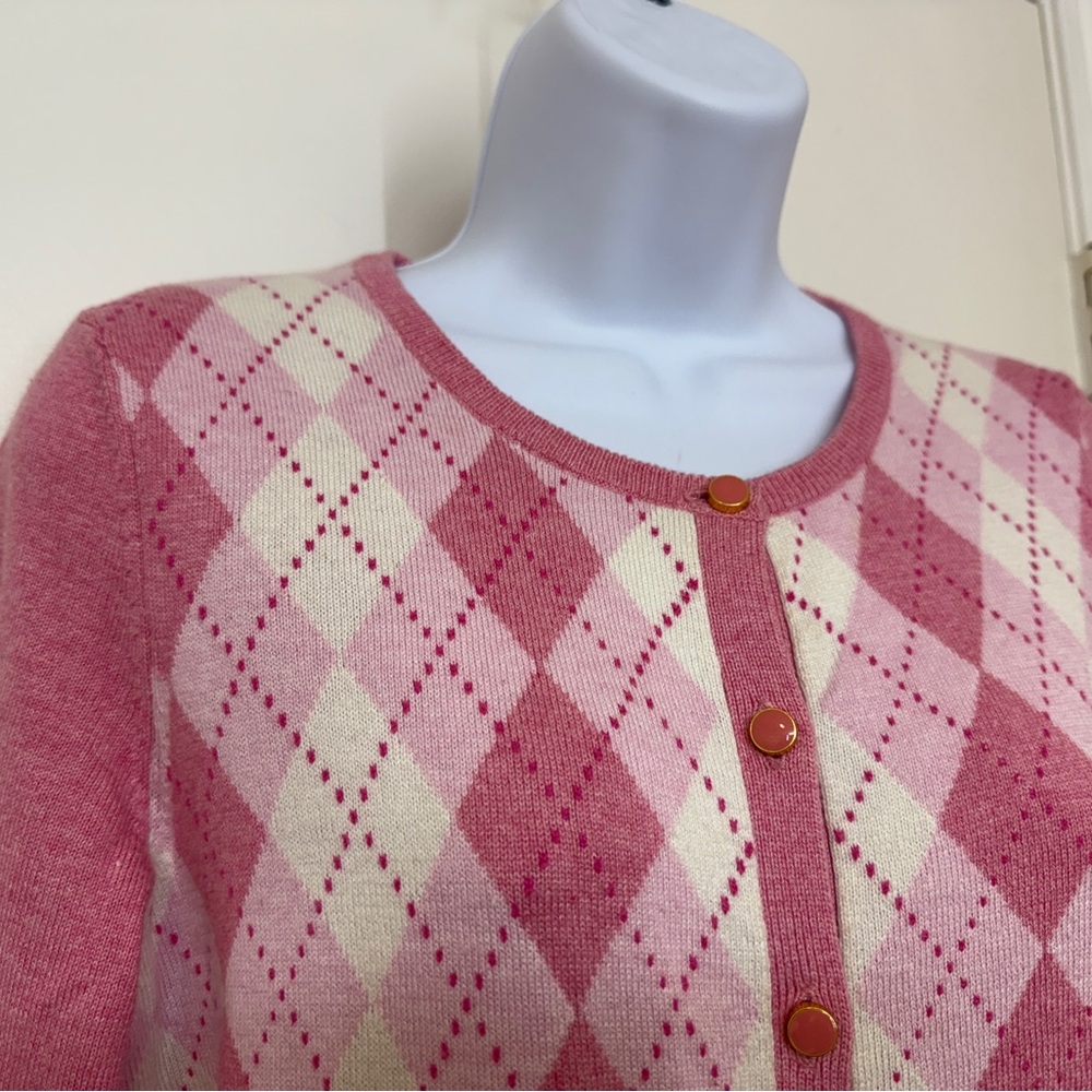 TALBOTS Women's Pink Argyle Cardigan Sweater Petite Small PS 3/4 Sleeve Preppy